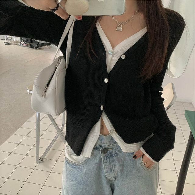 Mock Button-Up Two-Piece V-Neck Two Top Knit Tone Long-Sleeve