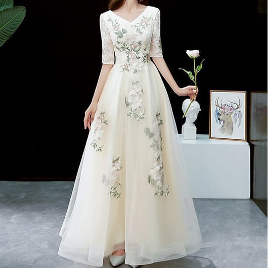 Gown Short-Sleeve Floral V-Neck Embroidered Evening A-Line