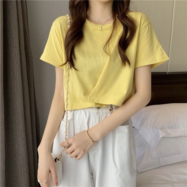 Plain Round Buttoned Neck Tee Short-Sleeve