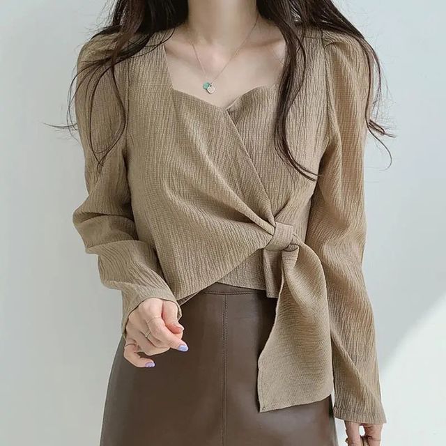 Puff-Sleeve Tie-Side Sweetheart-Neckline Plain Blouse