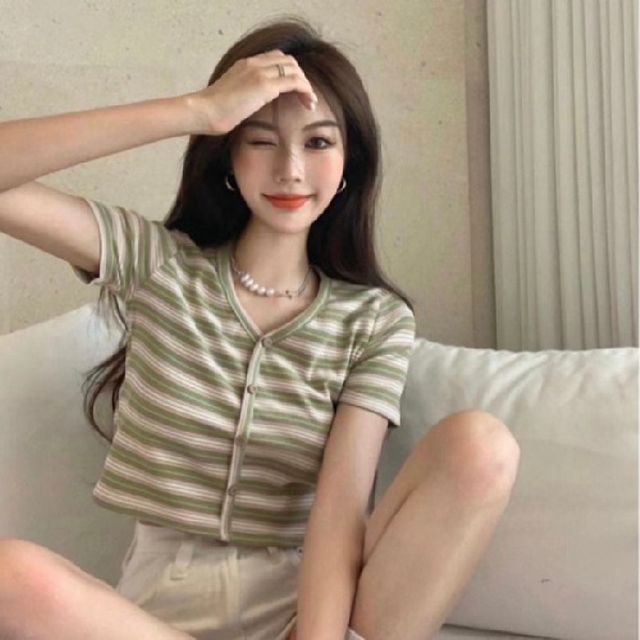 Short-Sleeve Button-Up Striped V-Neck Crop Tee