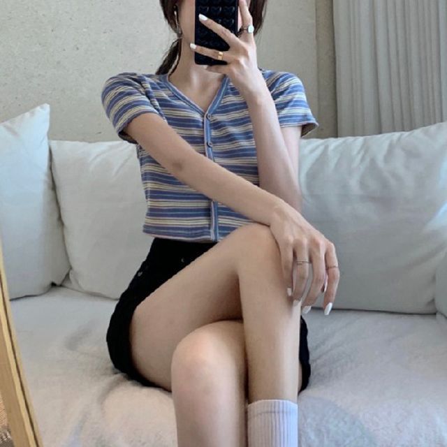 Short-Sleeve Button-Up Striped V-Neck Crop Tee