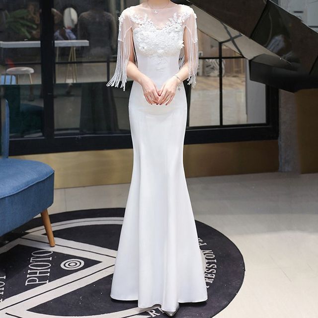 Panel Mesh Neck Fringe Flower Gown Short-Sleeve Boat Mermaid Beaded Evening Plain Embroidered