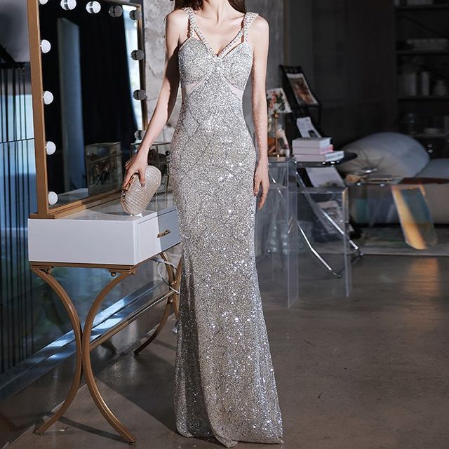 V-Neck Mermaid Spaghetti Faux Gown Sequin Plain Beaded Pearl Evening Strap