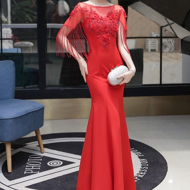 Panel Mesh Neck Fringe Flower Gown Short-Sleeve Boat Mermaid Beaded Evening Plain Embroidered