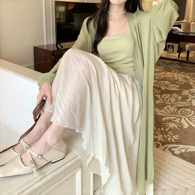 Front Midi Plain Cardigan Open