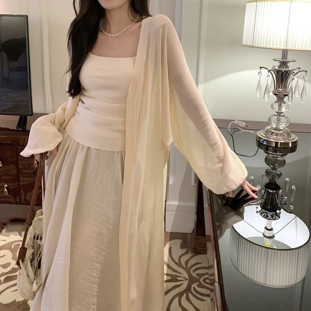 Front Midi Plain Cardigan Open