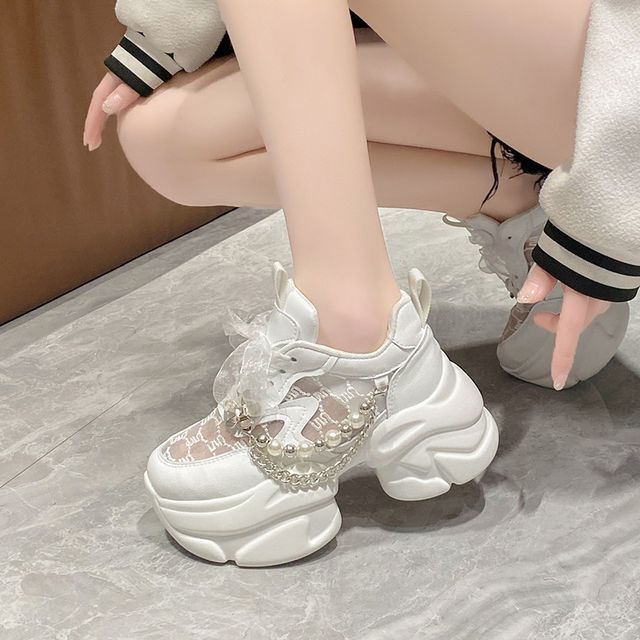 Lace-Up Lace Pearl Panel Faux Sneakers Pattered Platform