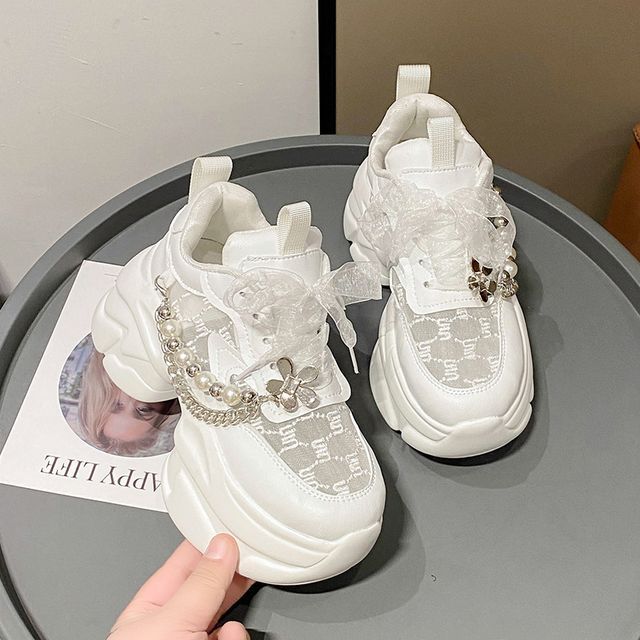 Lace-Up Lace Pearl Panel Faux Sneakers Pattered Platform