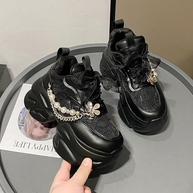 Lace-Up Lace Pearl Panel Faux Sneakers Pattered Platform