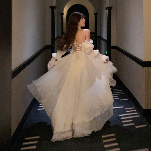 Evening Long-Sleeve Low High Mesh Sweetheart Gown Neckline