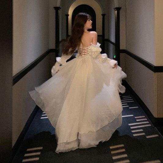 Evening Long-Sleeve Low High Mesh Sweetheart Gown Neckline