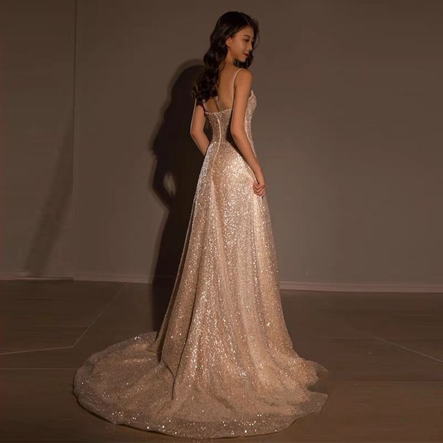 Gown Trained Evening Spaghetti A-Line Neckline Glitter Strap Sweetheart
