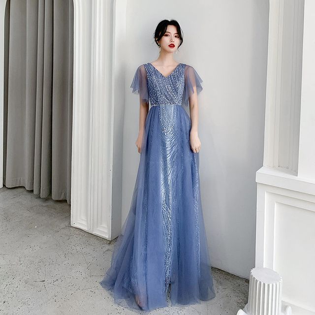 Flare-Sleeve Mesh A-Line V-Neck Evening Gown