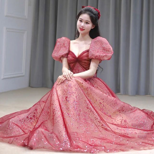 A-Line Sequined Gown Evening Neckline Puff-Sleeve Sweetheart
