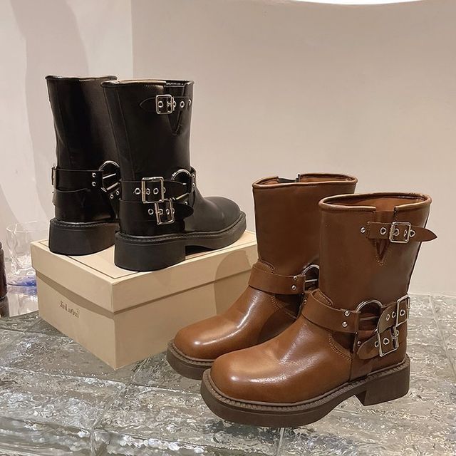 Chunky Boots Heel Buckled Short