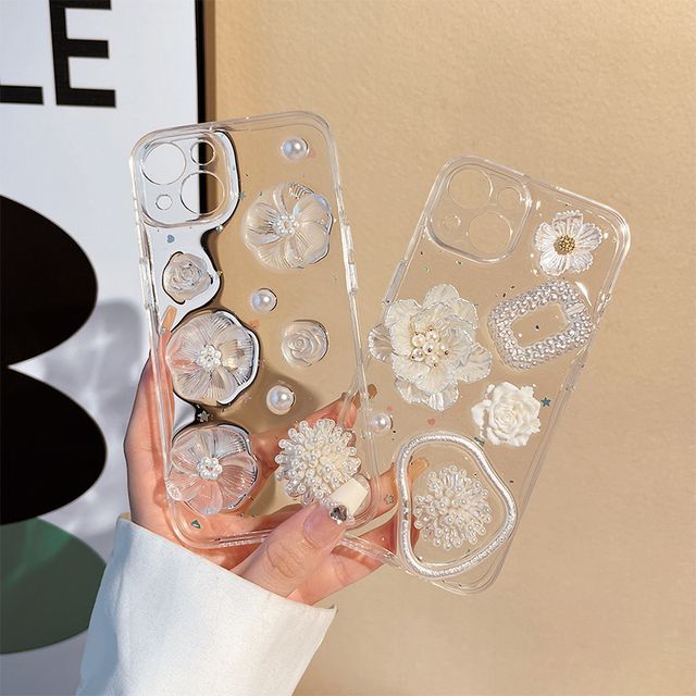 Transparent Pearl Floral Case Phone Faux