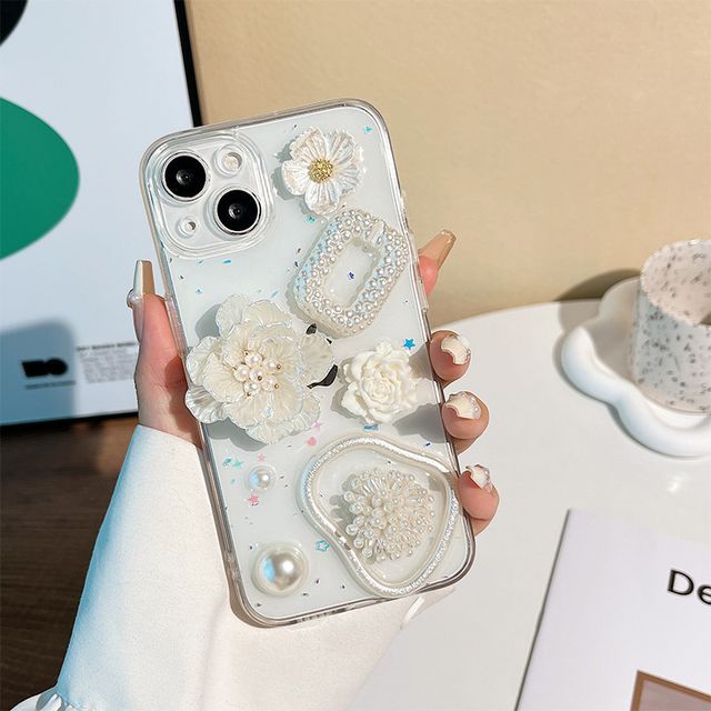 Transparent Pearl Floral Case Phone Faux