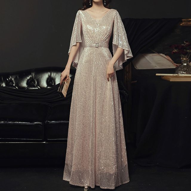 Gown A-Line Sequined Evening V-Neck Belted Elbow-Sleeve