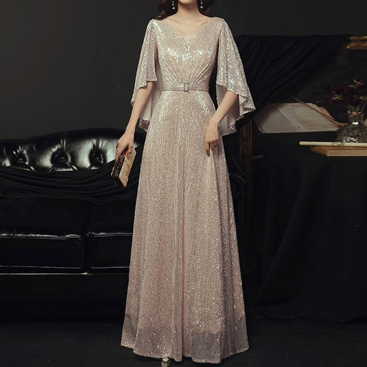 Gown A-Line Sequined Evening V-Neck Belted Elbow-Sleeve