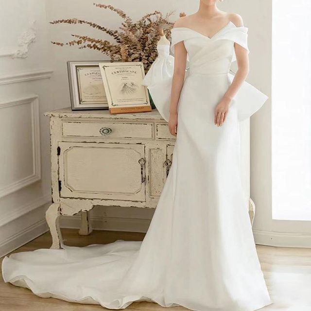 Wedding Gown Off-Shoulder Bow-Back Shirred A-Line