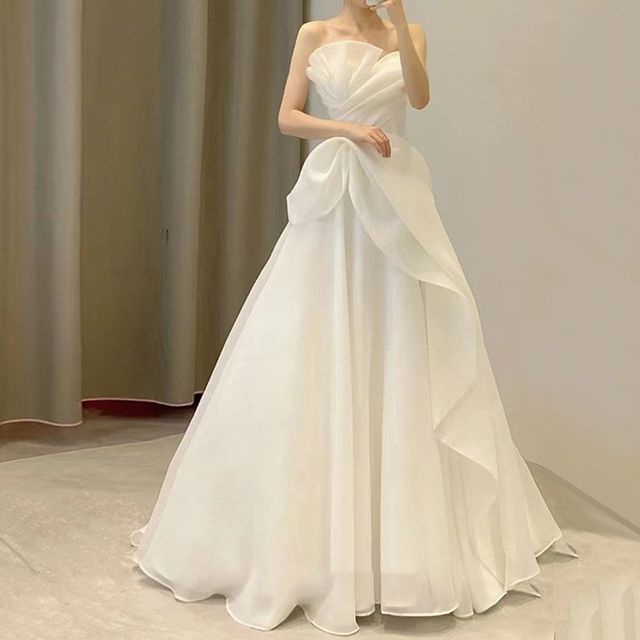 Wedding Shirred Ball Gown Ruffled Strapless Asymmetrical
