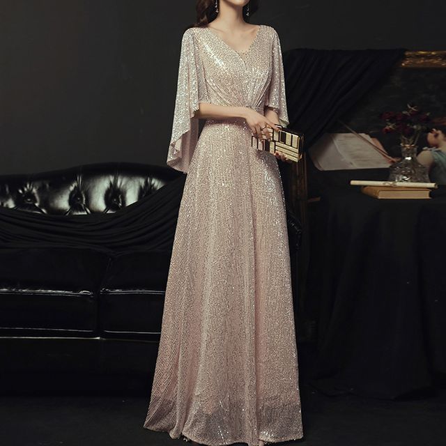 Gown A-Line Sequined Evening V-Neck Belted Elbow-Sleeve
