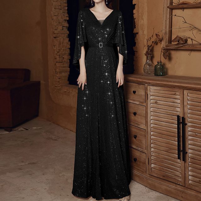 Gown A-Line Sequined Evening V-Neck Belted Elbow-Sleeve