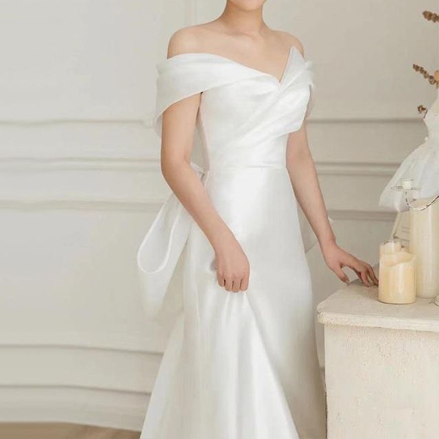 Wedding Gown Off-Shoulder Bow-Back Shirred A-Line