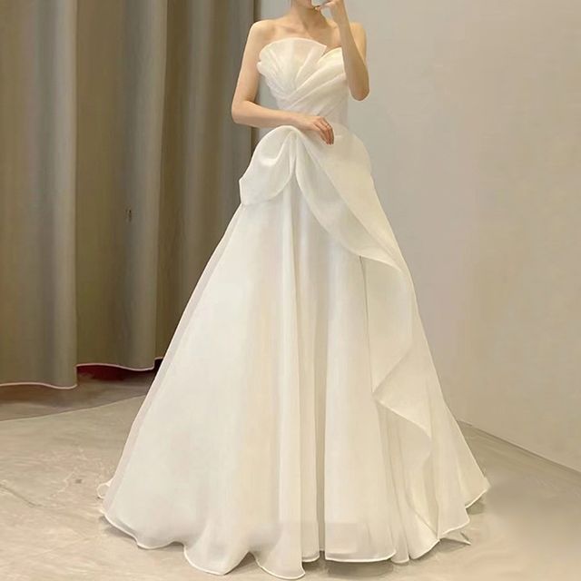 Wedding Shirred Ball Gown Ruffled Strapless Asymmetrical