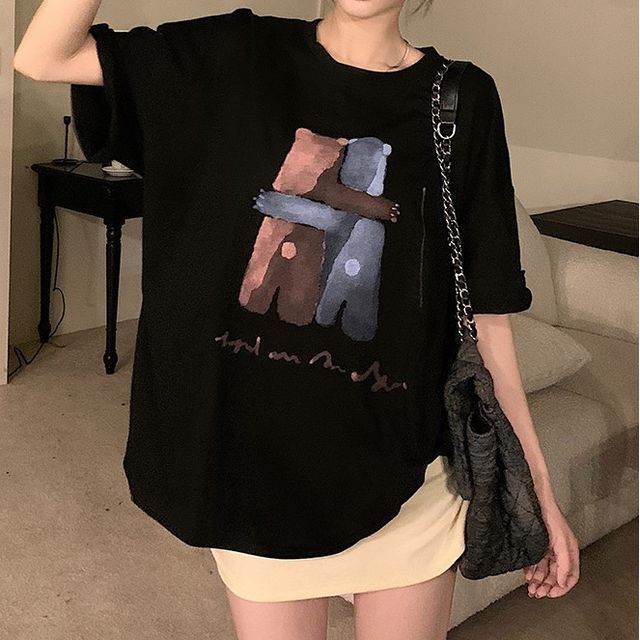 Neck T-Shirt Print Crew Illustration Elbow-Sleeve