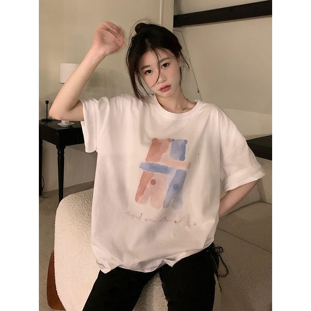 Neck T-Shirt Print Crew Illustration Elbow-Sleeve