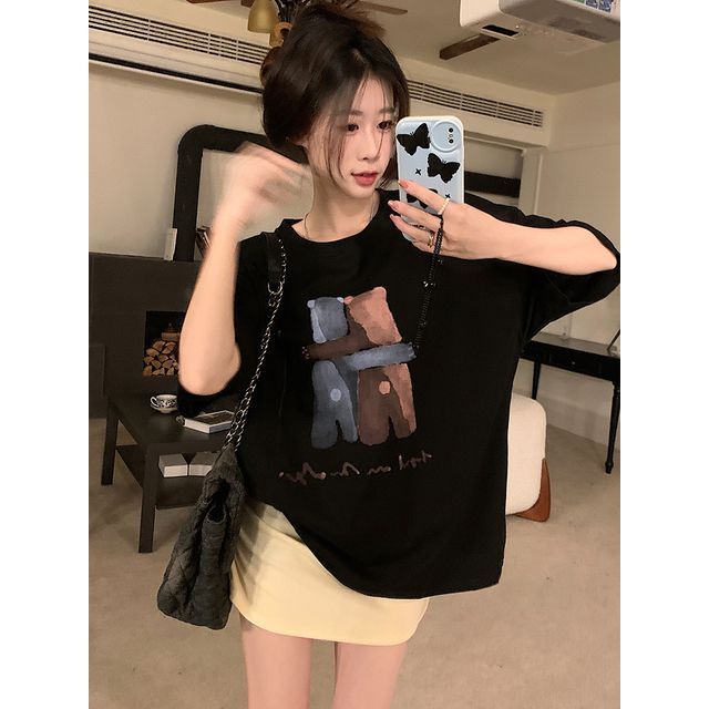 Neck T-Shirt Print Crew Illustration Elbow-Sleeve