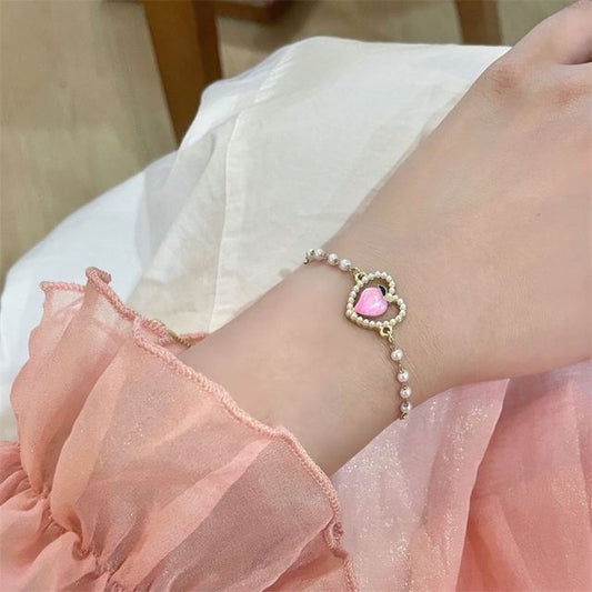 Heart Bracelet Faux Peach Pearl