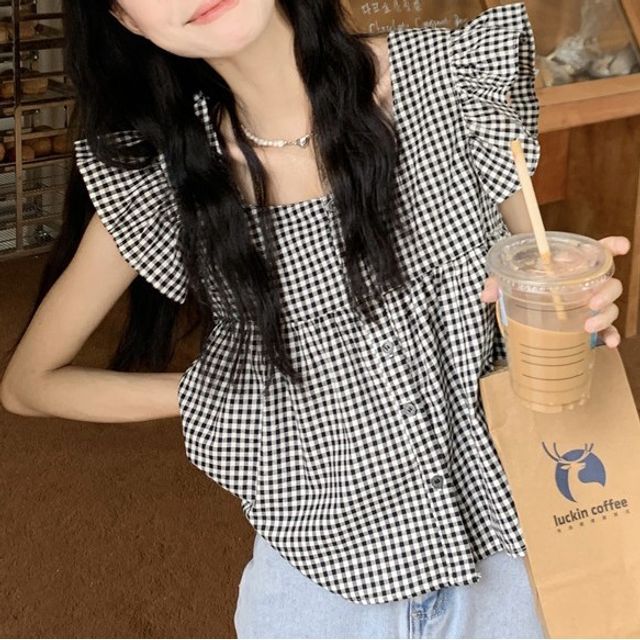 Blouse Sleeveless Gingham Ruffle