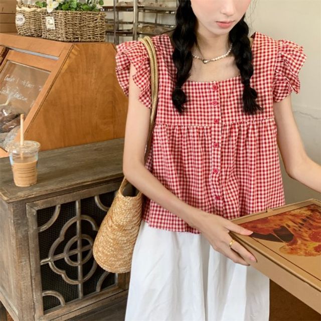 Blouse Sleeveless Gingham Ruffle