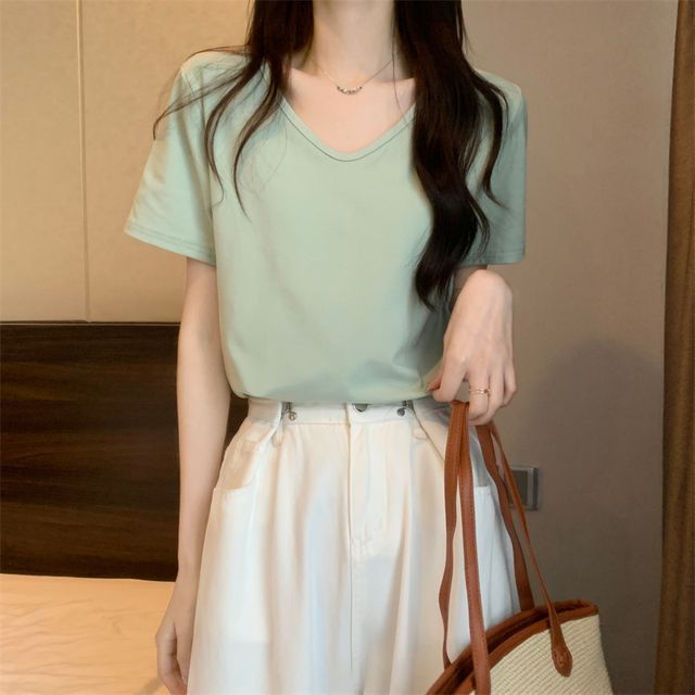Short-Sleeve T-Shirt Plain V-Neck