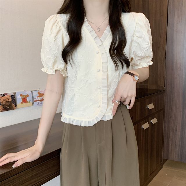 Frill Blouse V-Neck Jacquard Short-Sleeve