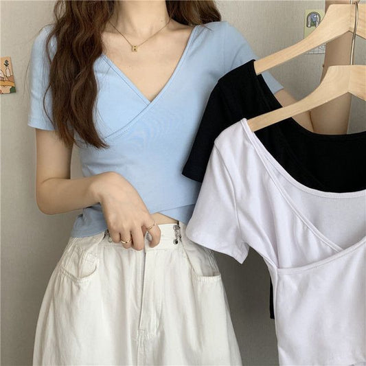 T-Shirt V-Neck Short-Sleeve Plain Wrap Crop