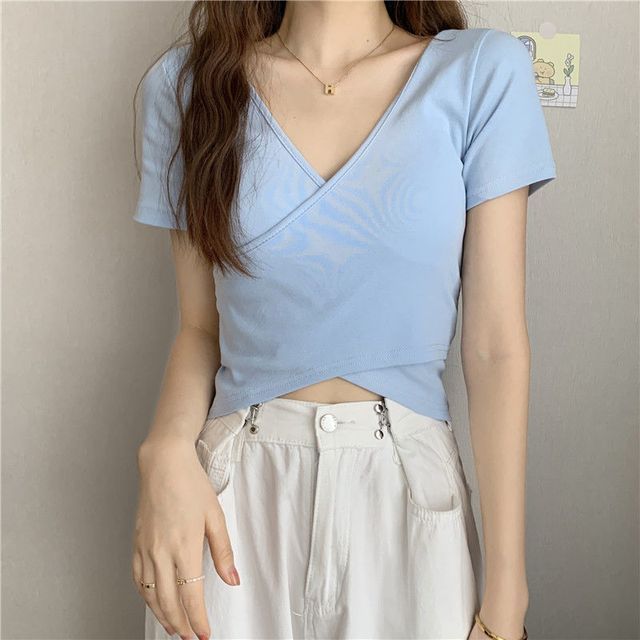 T-Shirt V-Neck Short-Sleeve Plain Wrap Crop