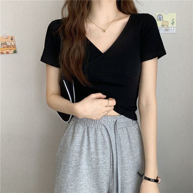 T-Shirt V-Neck Short-Sleeve Plain Wrap Crop