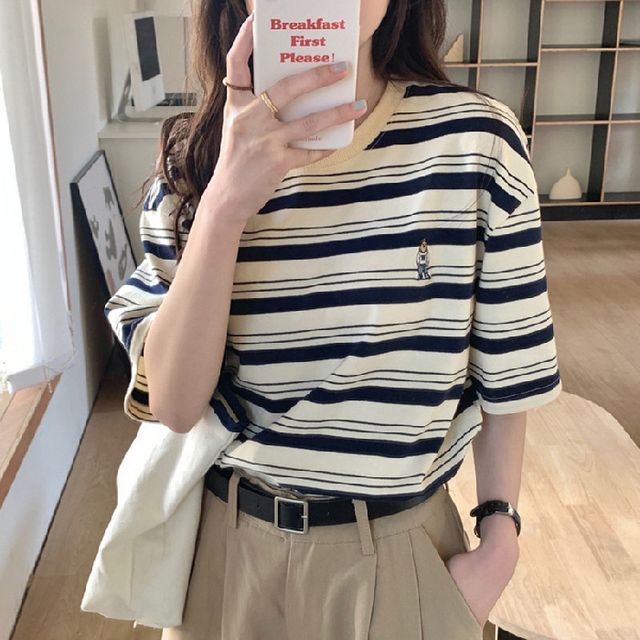 T-Shirt Crew Striped Neck Short-Sleeve