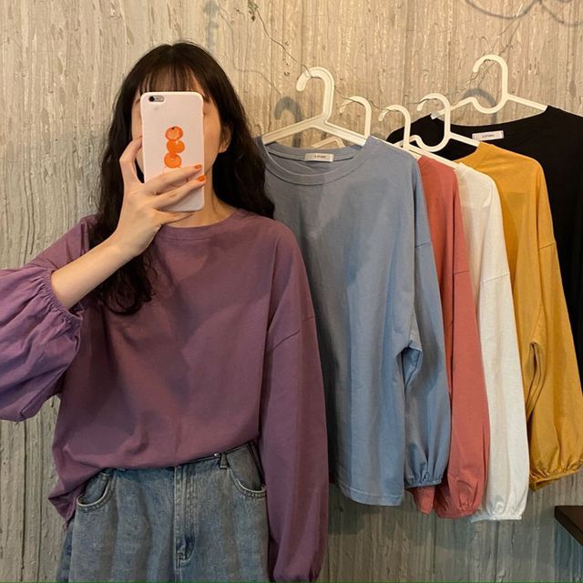 Round Sleeve Balloon Neck Tee Plain