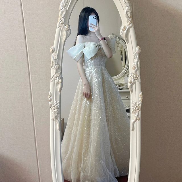 Cold-Shoulder Gown A-Line Evening Sequin Bow