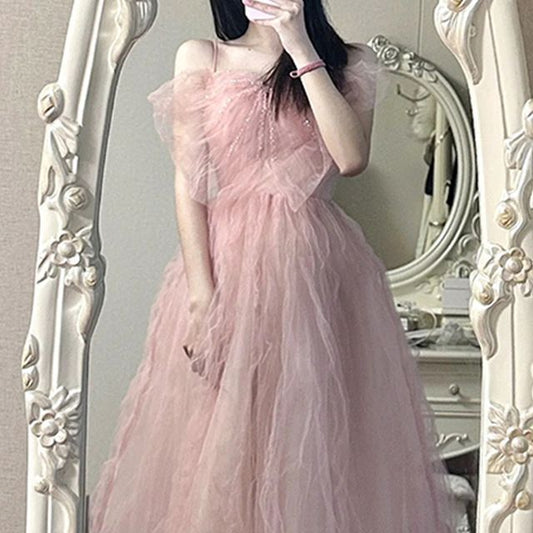 Evening Gown Bow Panel Strap Mesh A-Line Spaghetti Plain