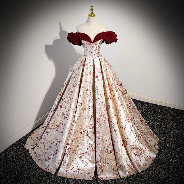 Evening Gown Ruffled Print Floral Off-Shoulder A-Line