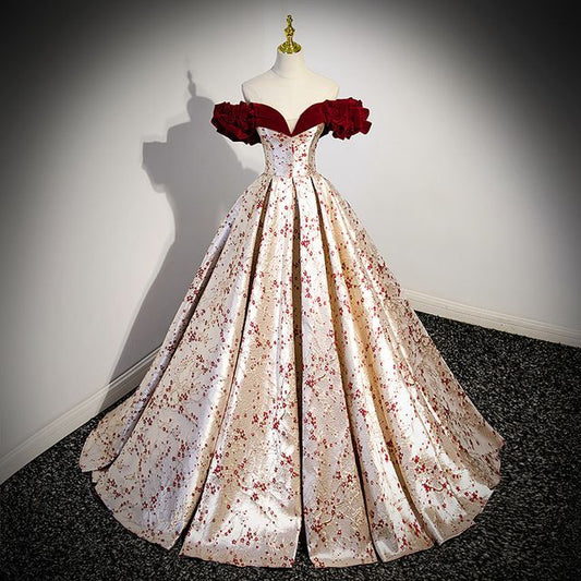 Evening Gown Ruffled Print Floral Off-Shoulder A-Line