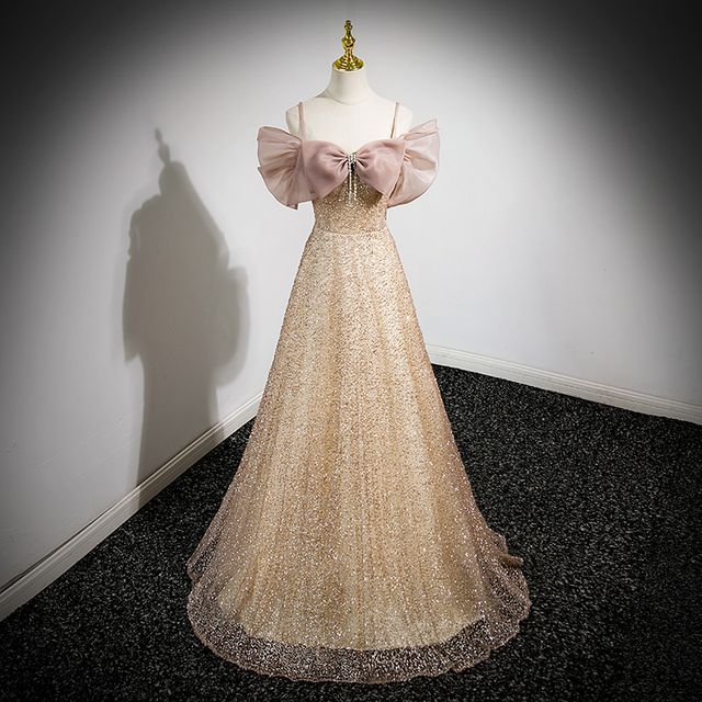 Glitter Cold-Shoulder Bow Evening Gown A-Line