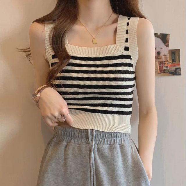 Neck Top Striped Square Crop Tank