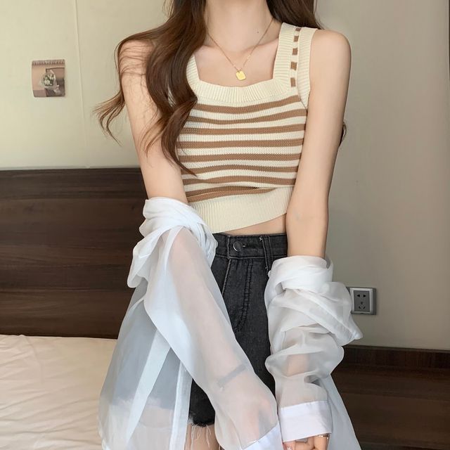 Neck Top Striped Square Crop Tank